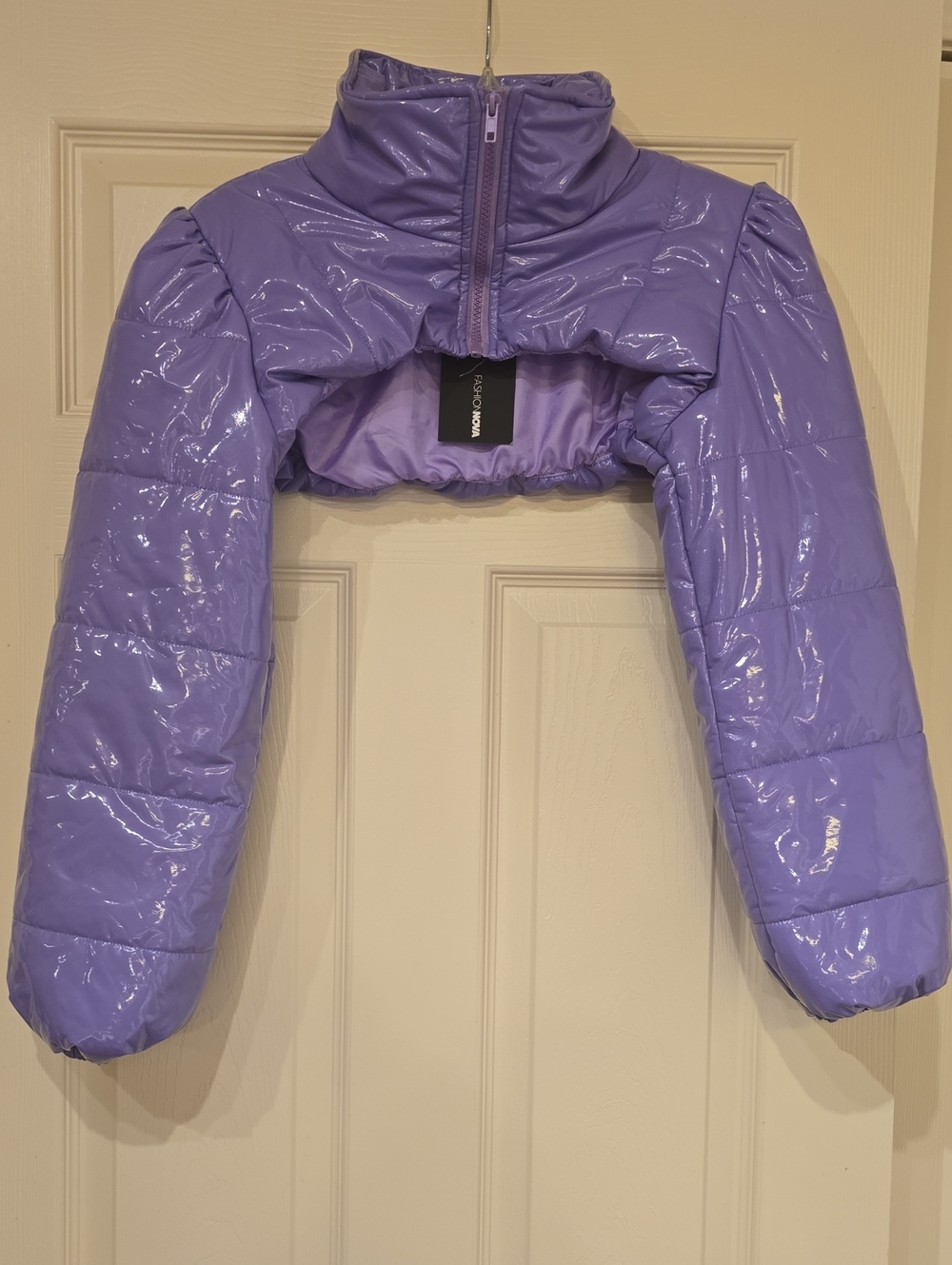 Fashion Nova Glossy Lavender Cropped Puffer Shrug